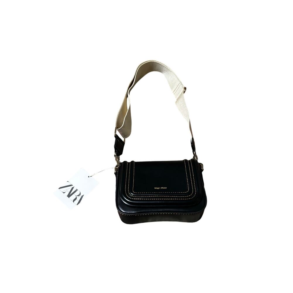 Zara black faux leather tan canvas strap cross body bag modern square style nwt